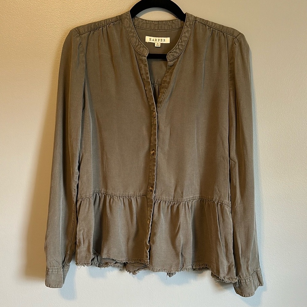 Army Green Peplum Button Down - Picture 2 of 7